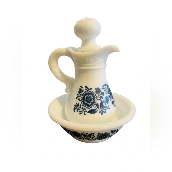 Avon Vintage Delft Floral Milk Glass Vanity Set – Pitcher, Basin & Soap Dish - Picture 3 of 15